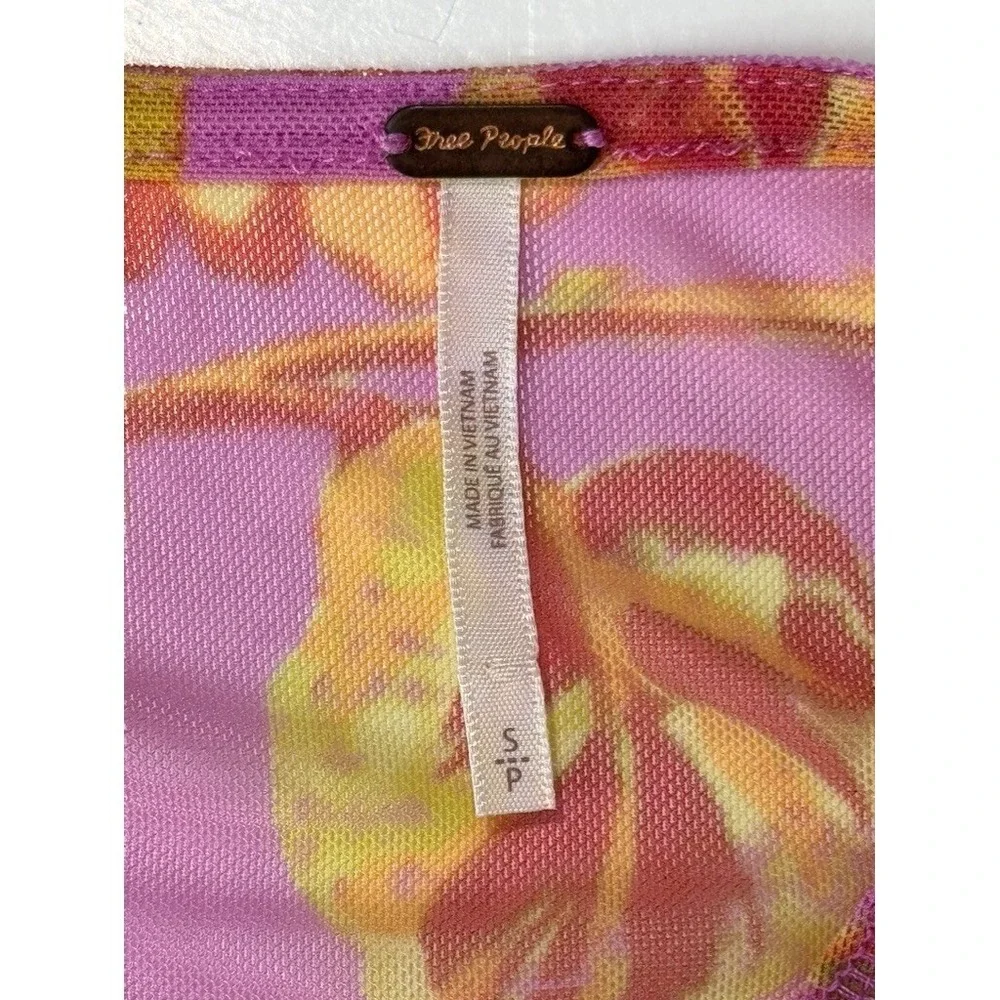 Free People Top Floral Mesh Long Sleeve Pink Orange Sheer Stretch S Fairy Boho